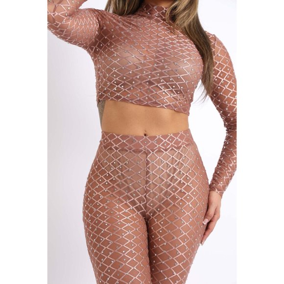 Women's Sexy Diamond Mesh Embellished Top & Matching Leggings 2 Piece Set Comfy - Picture 3 of 7